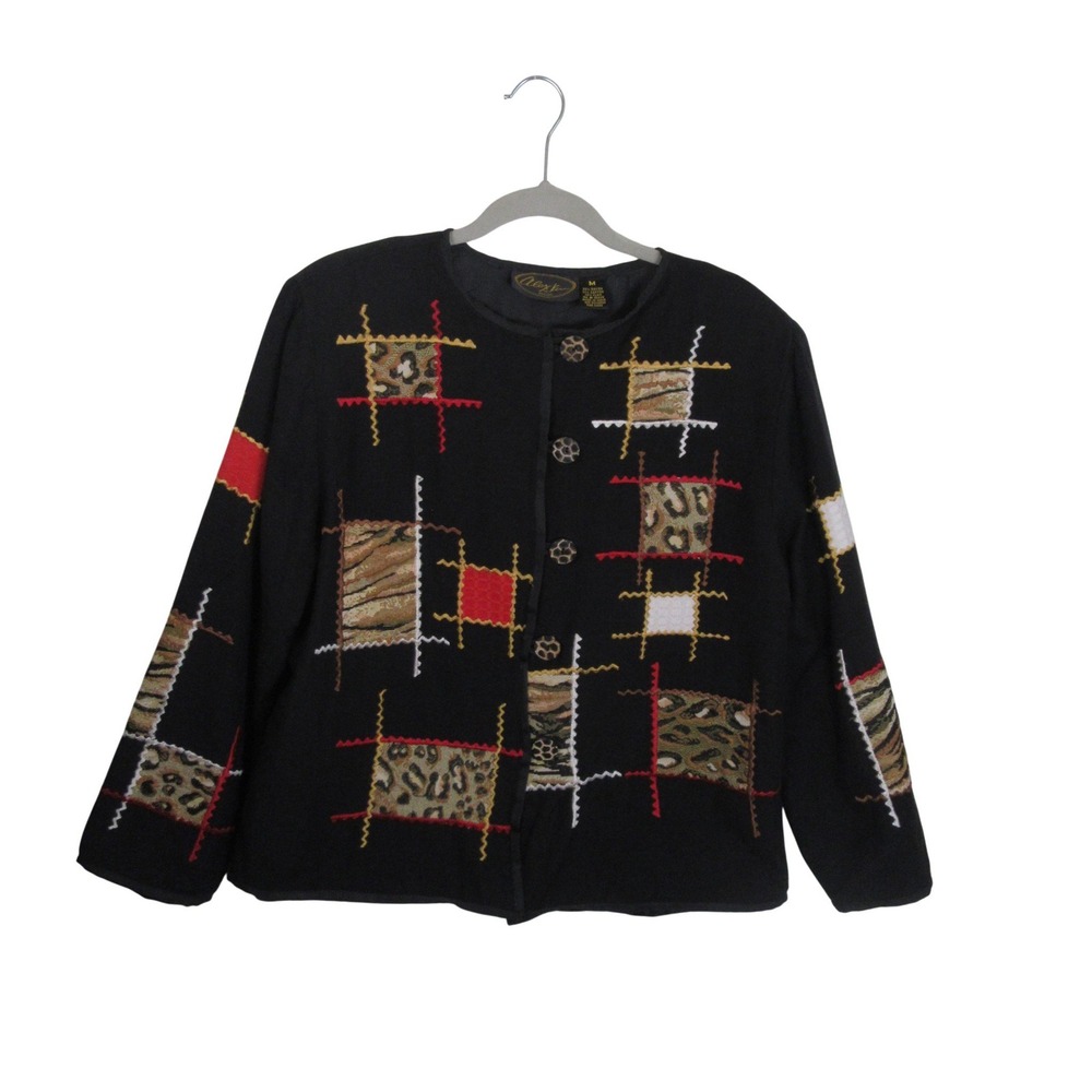 Vintage Alex Kim Patchwork Animal Print Embroidered Artsy Jacket Black Medium